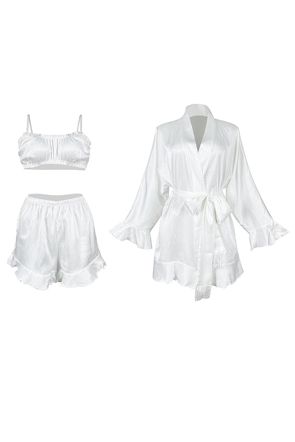 PENELOPE – Ruffled Satin 3-Piece Kimono Pajama Set - Pink