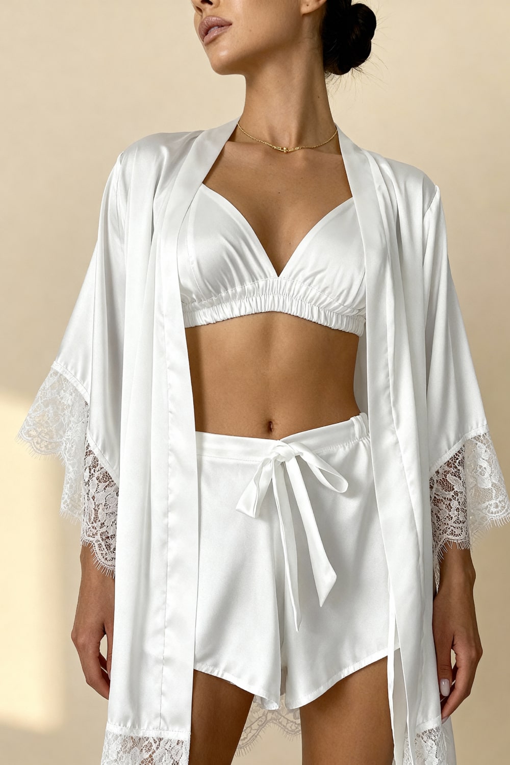 ANGELICA – Saten ve Dantel 3 Parçalı Kimono Takımı - Fildişi