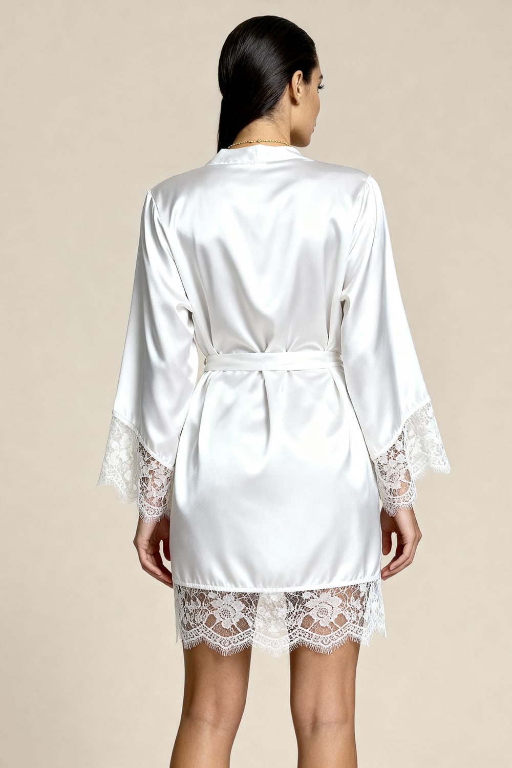 ANGELICA – Saten ve Dantel 3 Parçalı Kimono Takımı - Fildişi