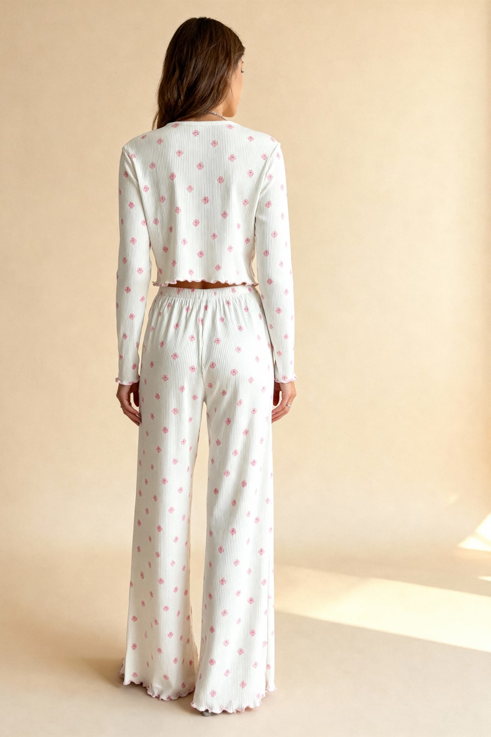 MAISIE – Floral Print Ribbed Knit Pajama Set - Pink