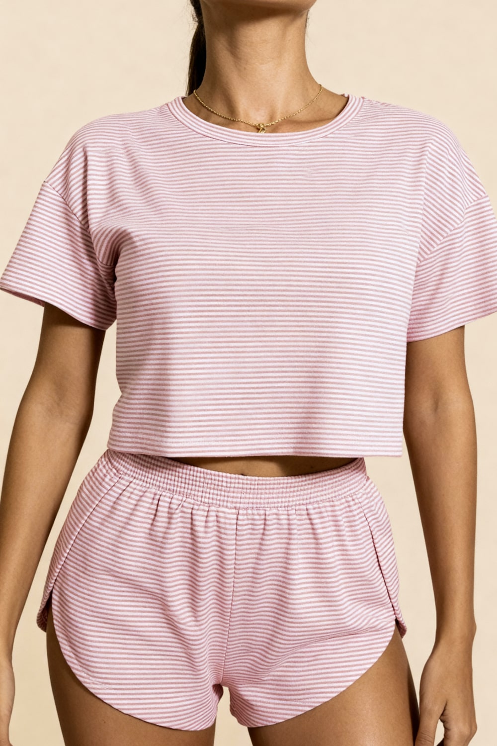 HALLIE – Striped Soft Jersey Crop & Split Short Set - Stripe