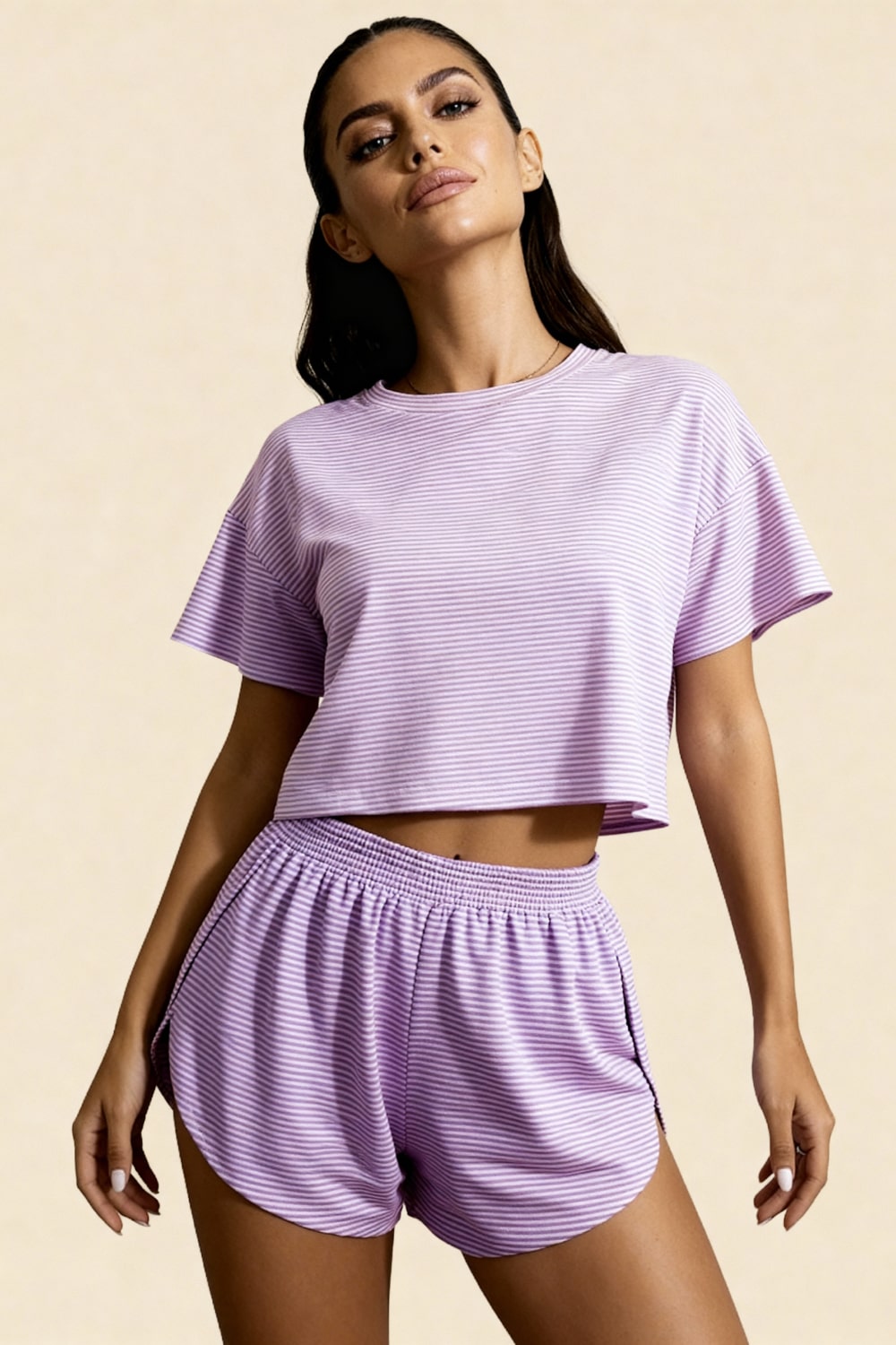 HALLIE – Çizgili Yumuşak Jarse Crop Üst ve Yırtmaçlı Şort Takımı - Çizgili