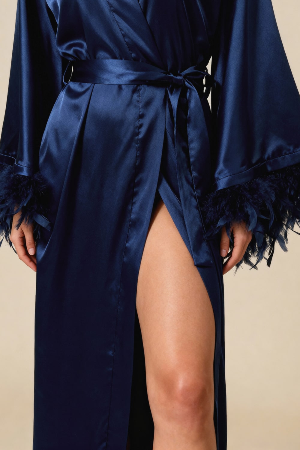 GRETA – Saten ve Tüy Detaylı Maxi Kimono - Gece Mavisi