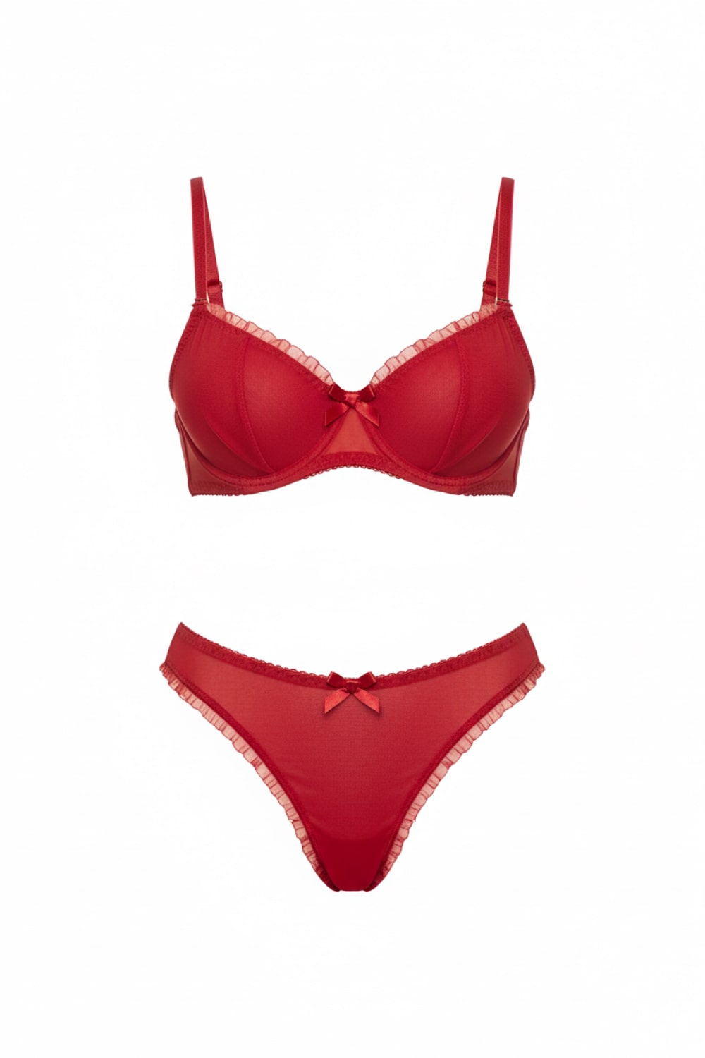 LULU – Fırfırlı Tül ve Saten Kurdele Takımı - Kırmızı