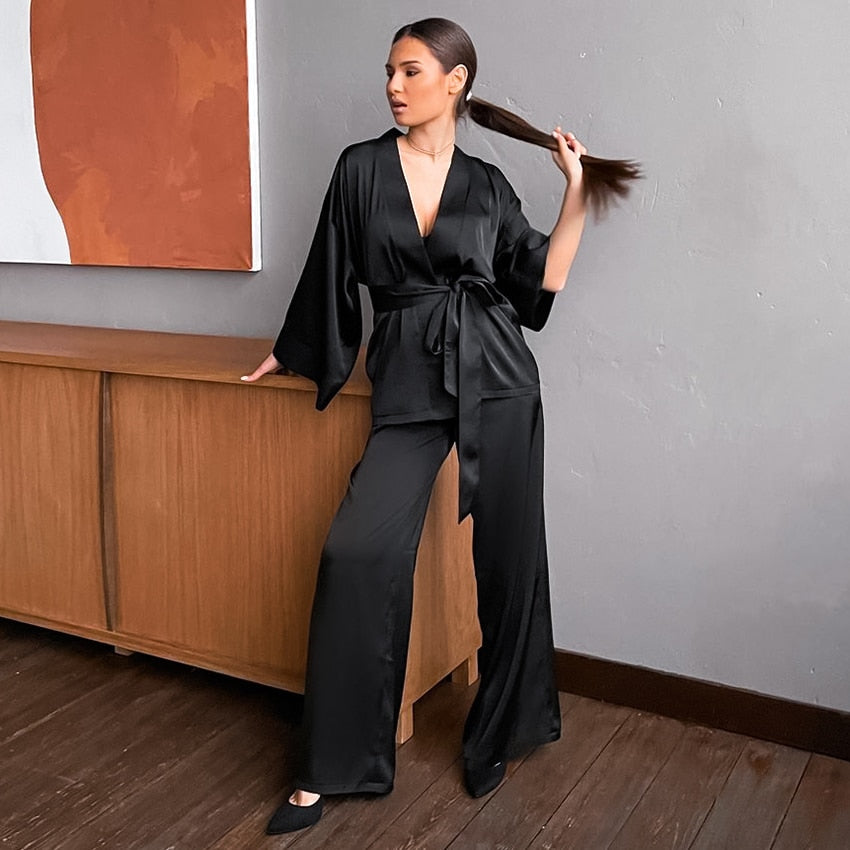 SATEN UZUN PİJAMA TAKIMI