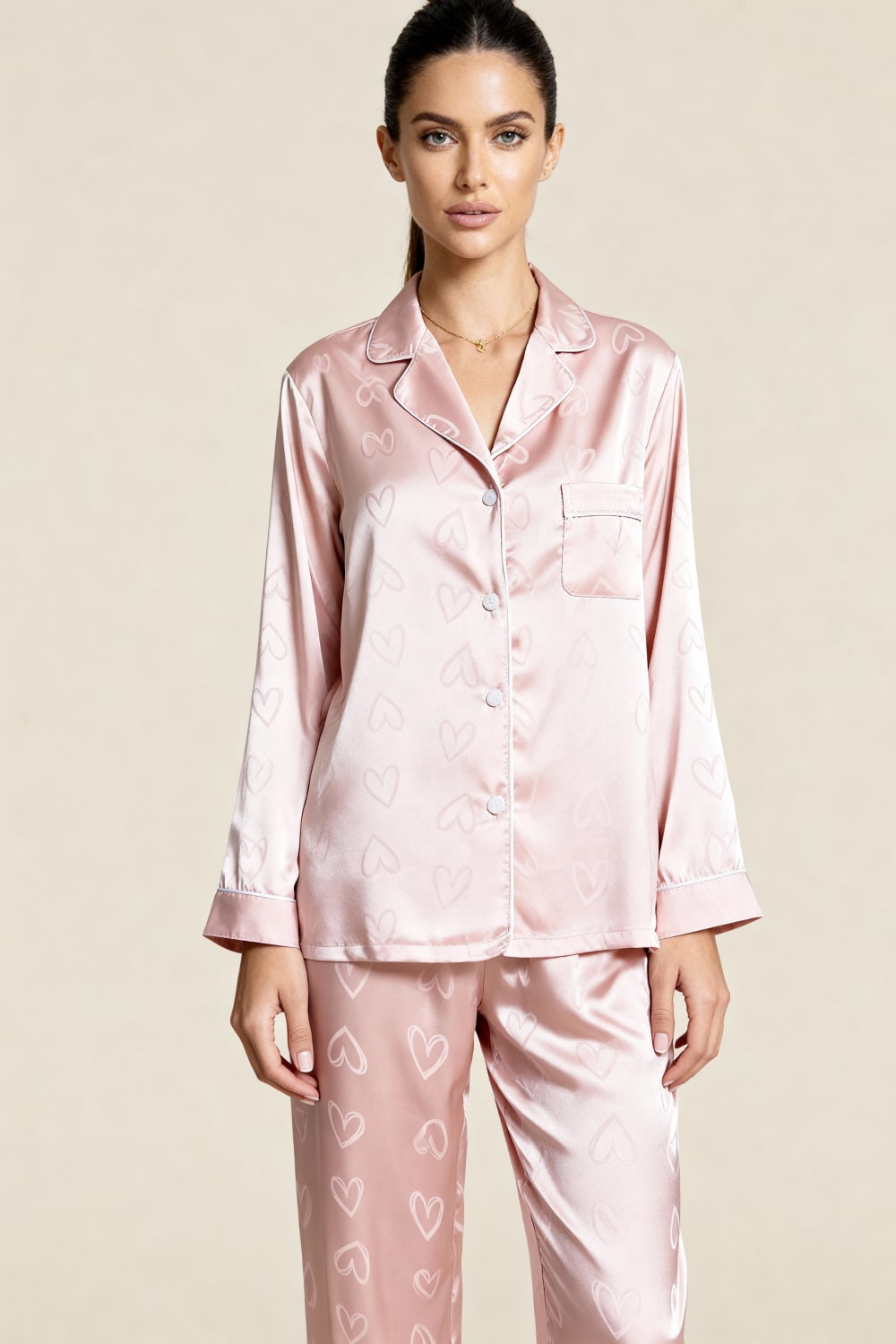 ROMY – Kalp Desenli Jakarlı Saten Pijama Takımı - Pudra Pembesi