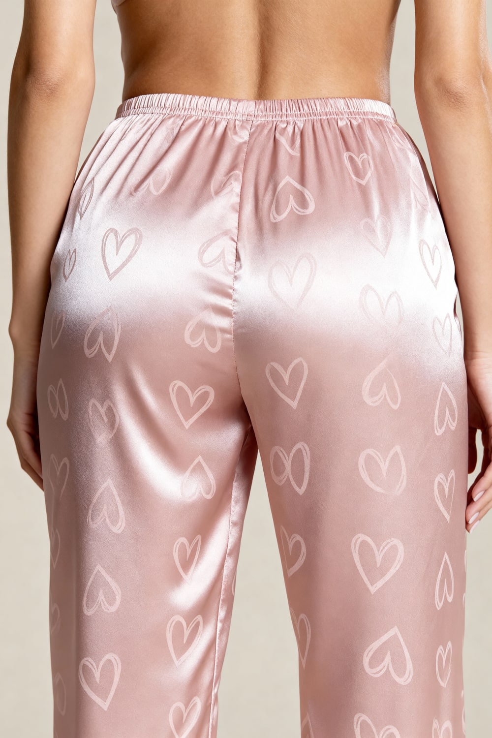 ROMY – Kalp Desenli Jakarlı Saten Pijama Takımı - Pudra Pembesi