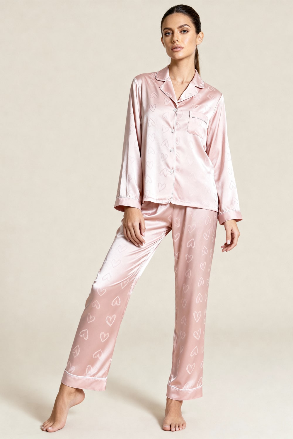 ROMY – Kalp Desenli Jakarlı Saten Pijama Takımı - Pudra Pembesi