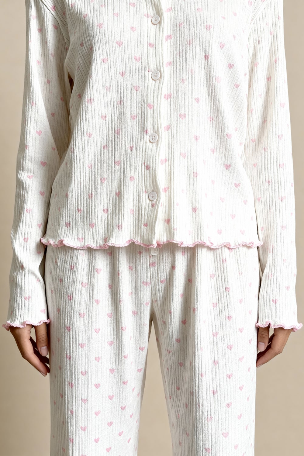 MAISIE – Heart Print Ribbed Knit Pajama Set - Pink Heart