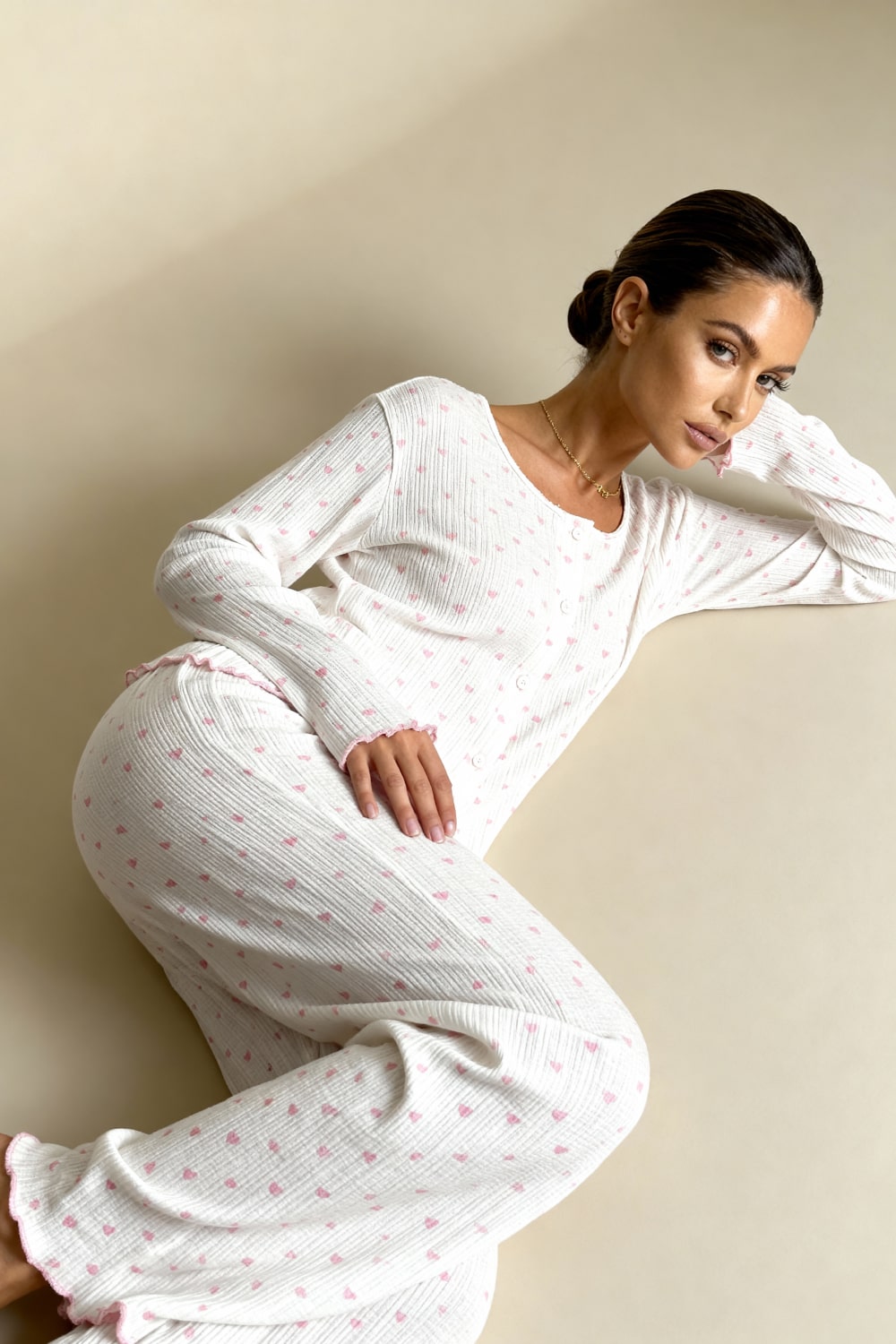 MAISIE – Heart Print Ribbed Knit Pajama Set - Pink Heart