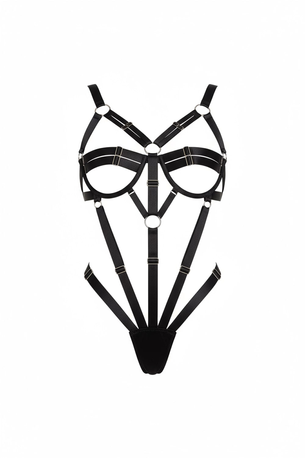 LEXI – Satin & Silver Ring Strappy Bodysuit - Noir