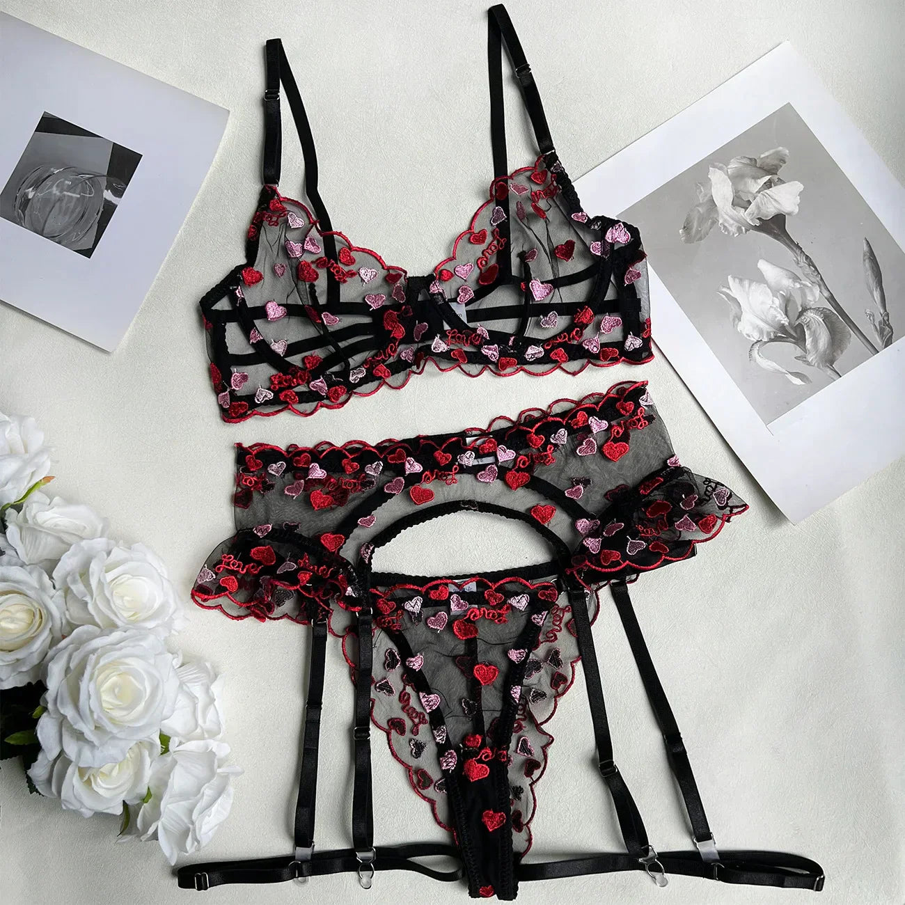 EMBROIDERED HEART UNDERWEAR SET