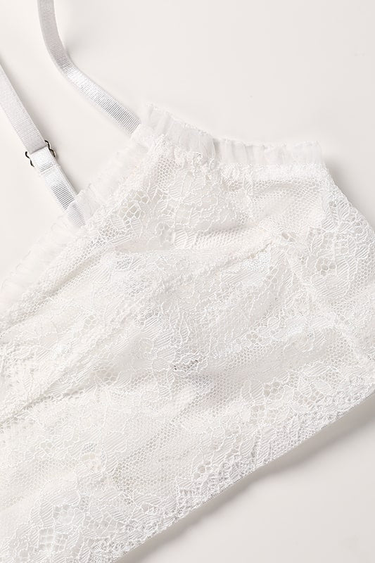 ELISE – Fırfırlı Dantel ve Şeffaf Sütyen Takımı - Beyaz