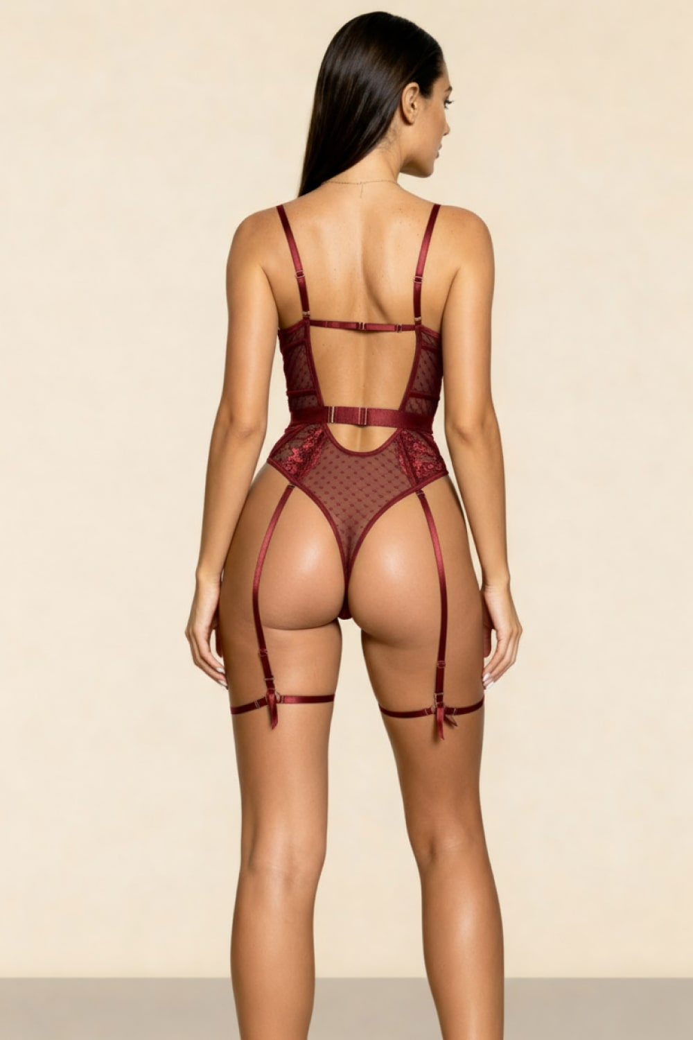 VERONICA – Noktalı File ve Çiçekli Dantel Jartiyerli Tulum - Bordo