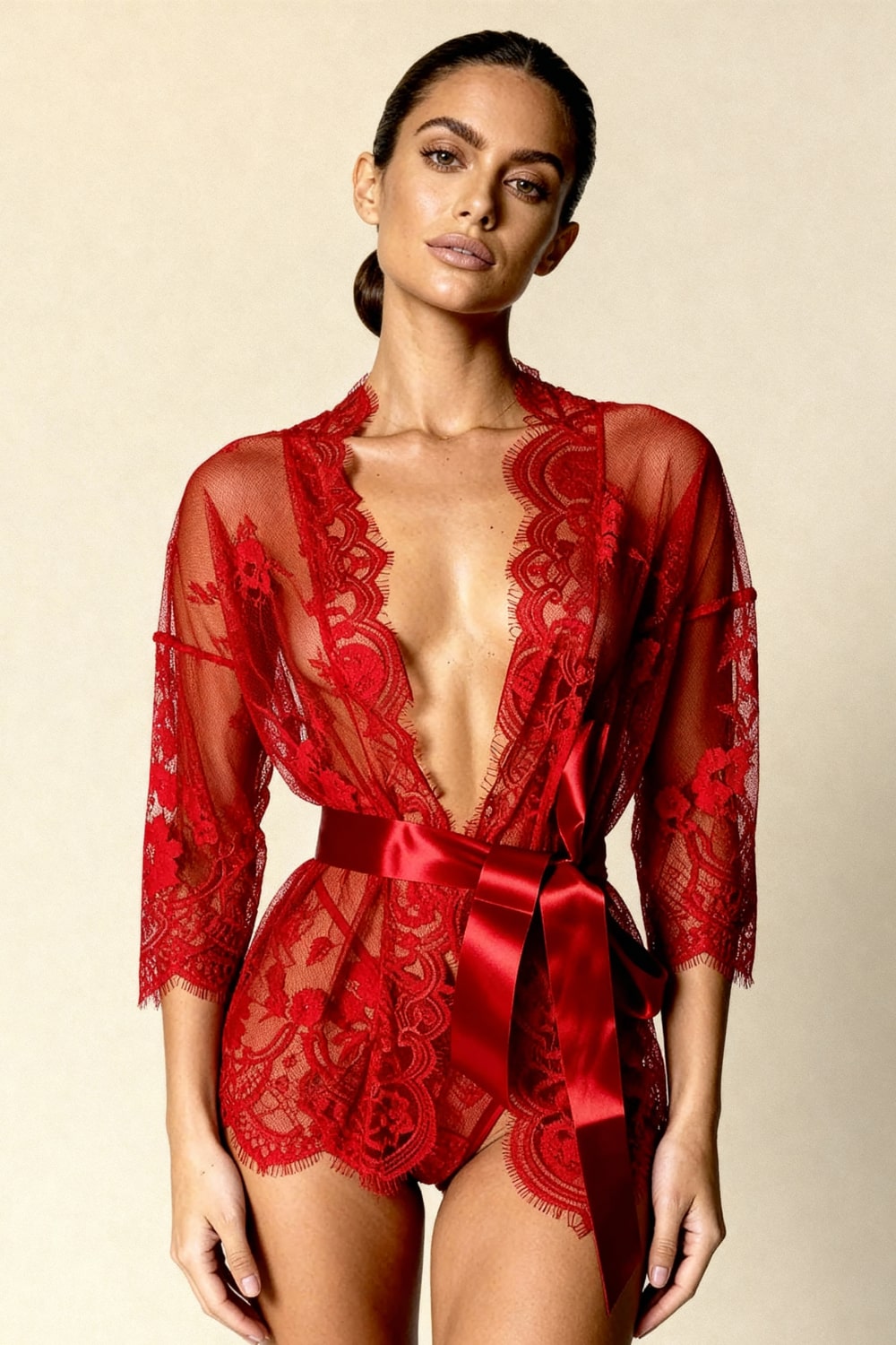 ROSA – Kırmızı Şeffaf Dantelli Kimono Sabahlık