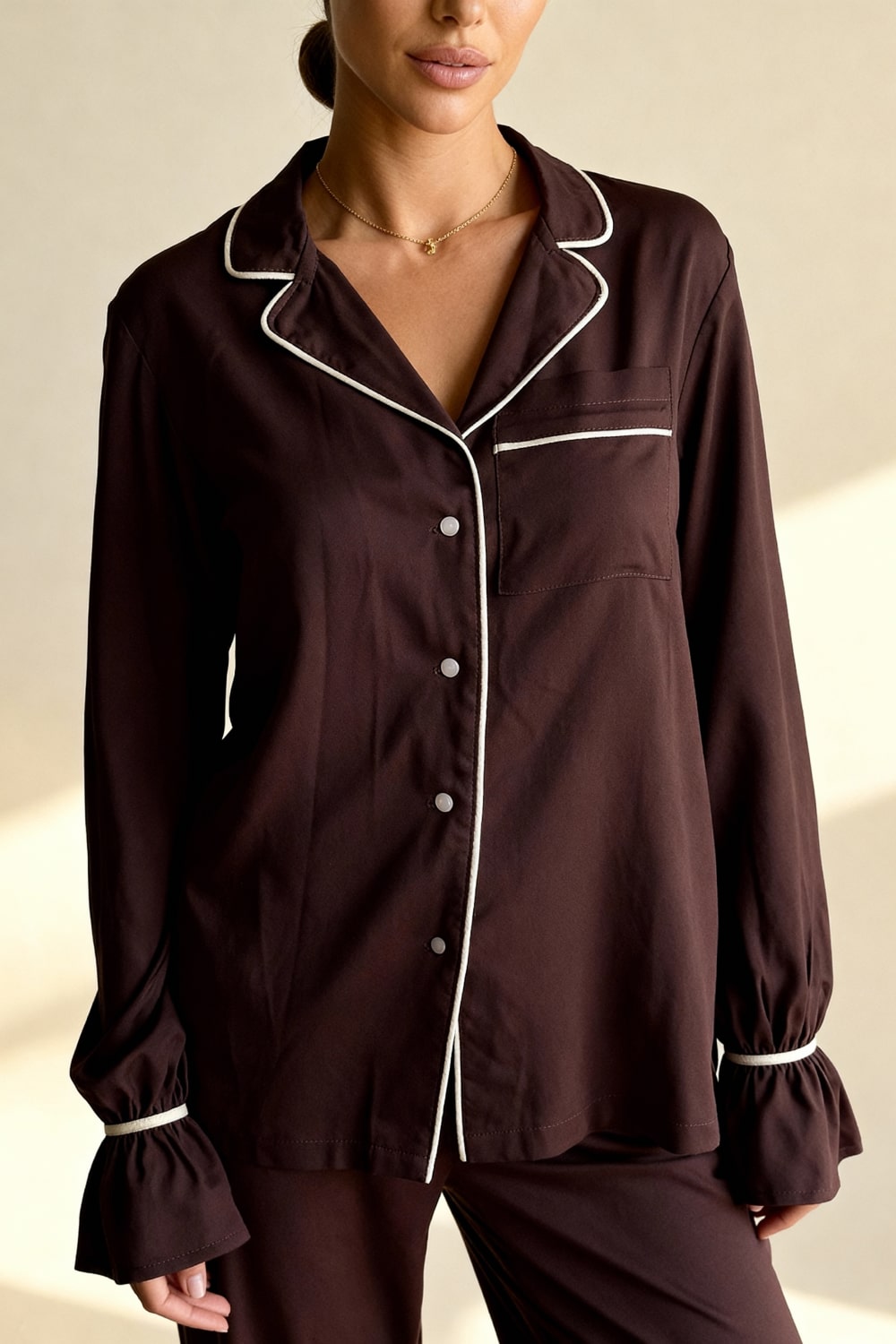 GENEVIEVE – Satin & Contrast Piping Pajama Set