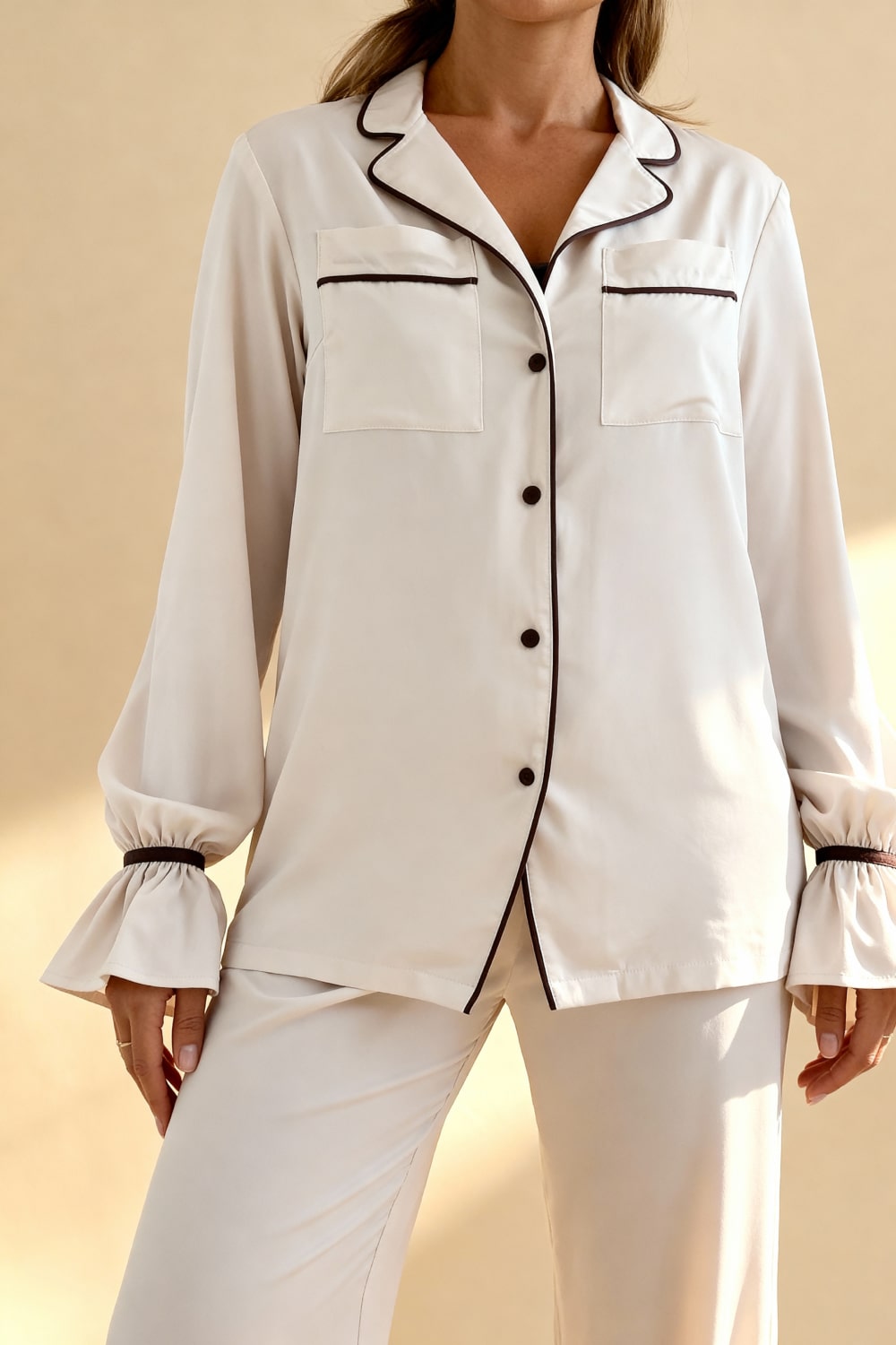 GENEVIEVE – Satin & Contrast Piping Pajama Set