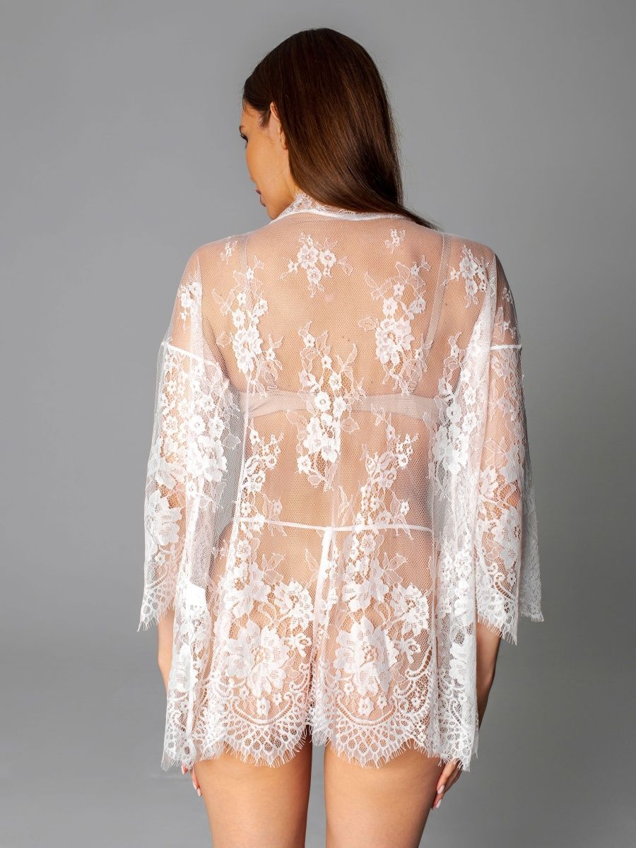 LILY – Beyaz Çiçekli Dantel Kimono Sabahlık