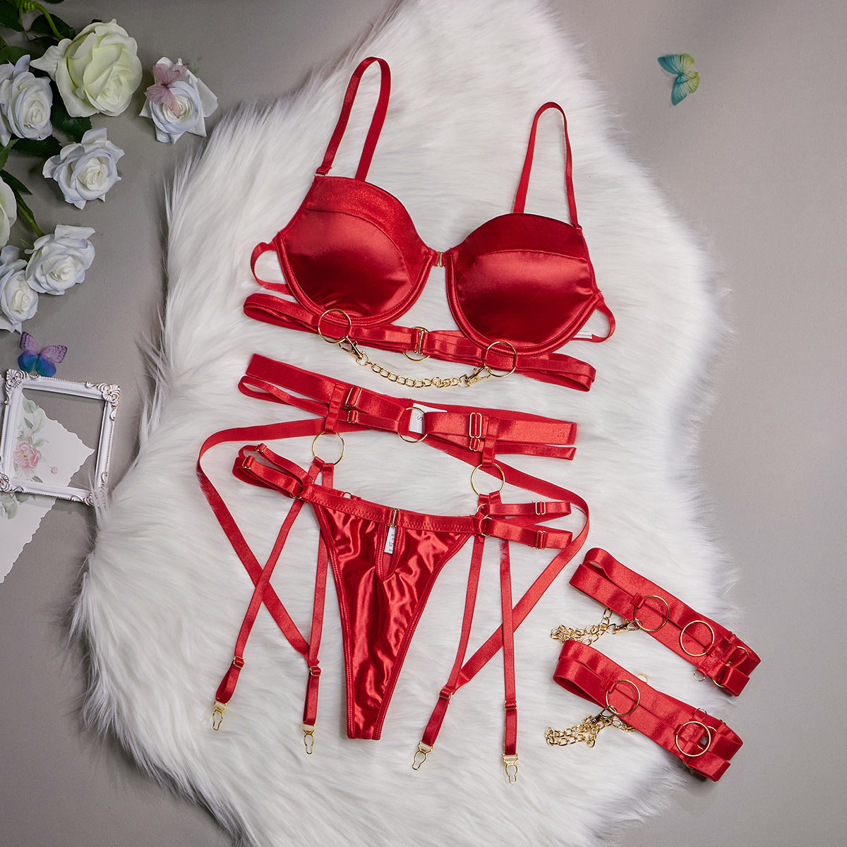 Four-piece high lingerie set - INTIME - Red
