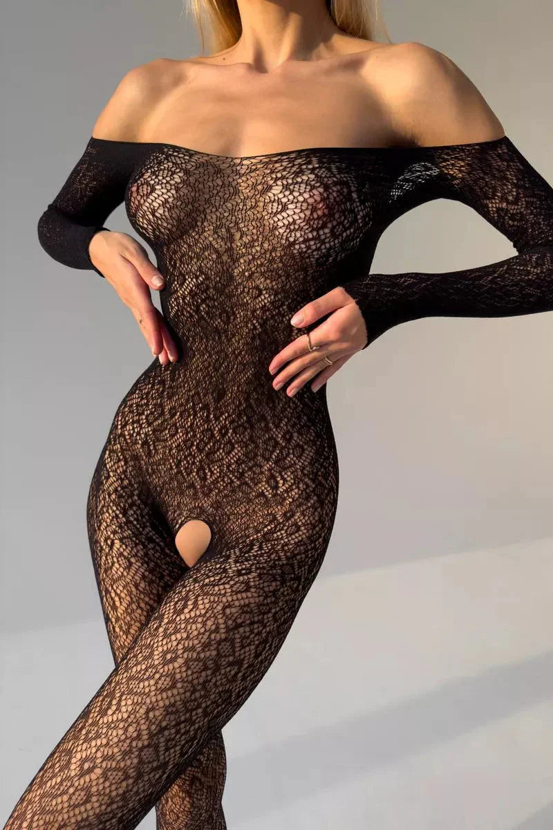 BETH – Organic Pattern Off-Shoulder Body-Hose - Noir