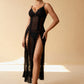 SYLVIA – Sheer Floor-Length Lace Slit Gown - Noir