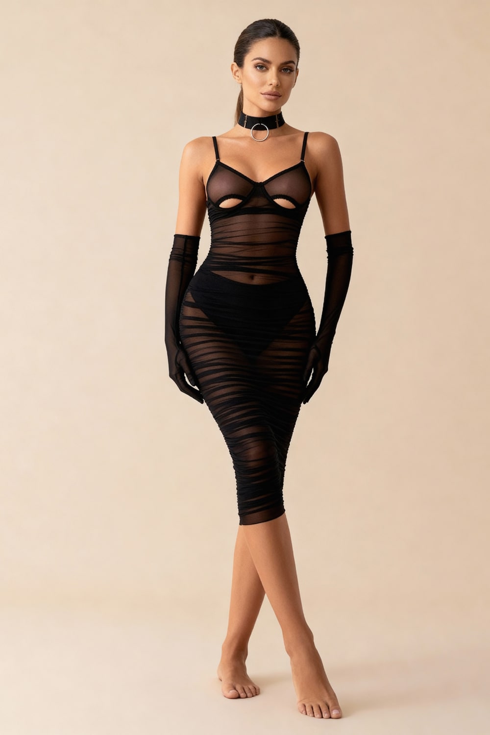 MONIQUE – Ruched Tulle Cutout Midi Dress - Noir