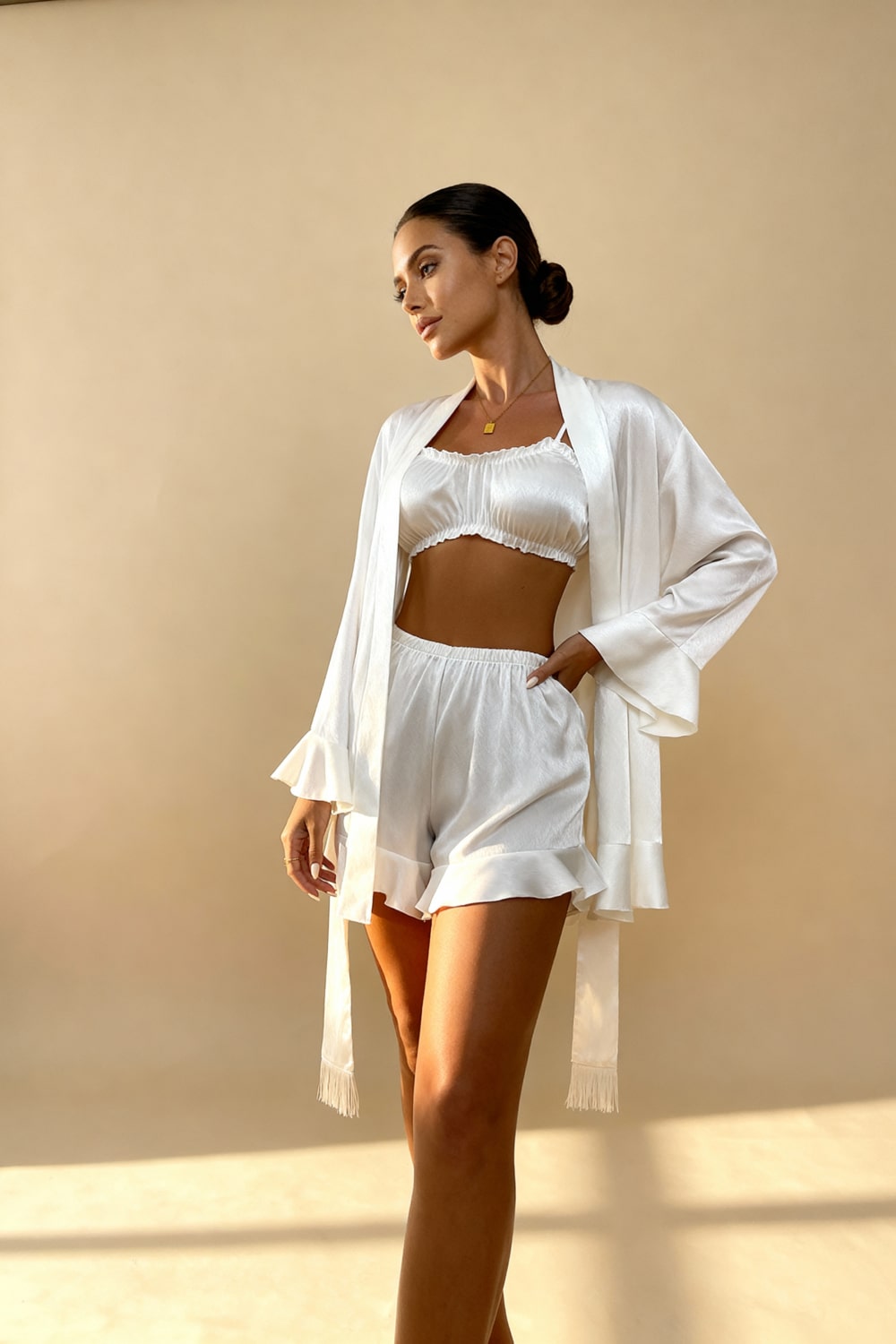 PENELOPE – Ruffled Satin 3-Piece Kimono Pajama Set - Pink