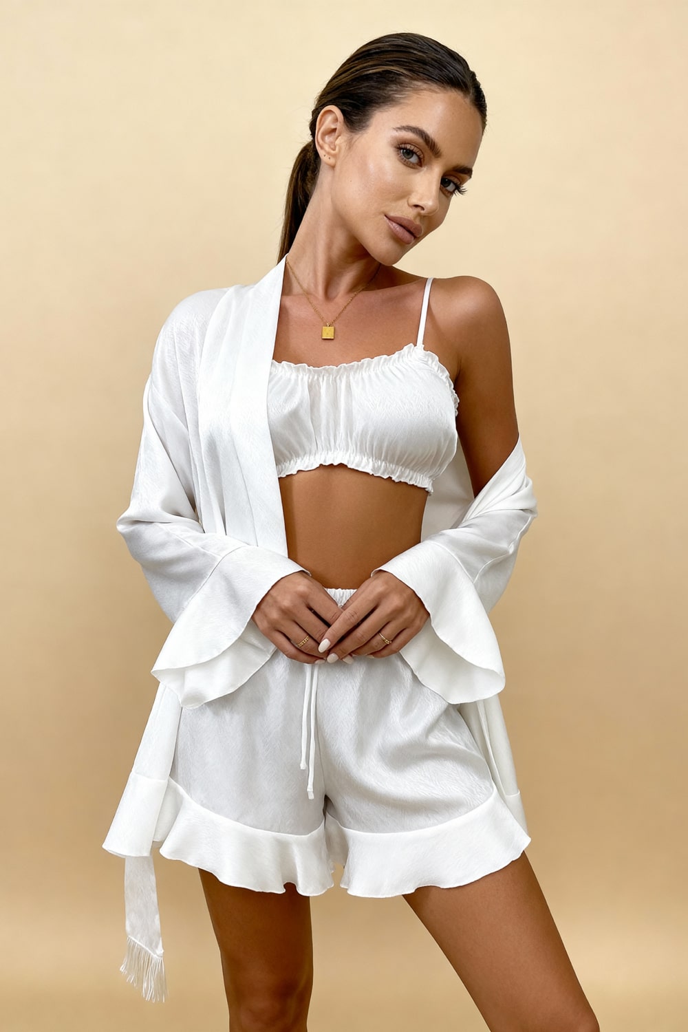 PENELOPE – Ruffled Satin 3-Piece Kimono Pajama Set - Pink