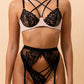INES – Floral Embroidery on Nude Mesh Strappy Set - Black