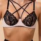 INES – Floral Embroidery on Nude Mesh Strappy Set - Black