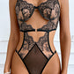 RAQUEL – Floral Lace & Cutout Mesh Bodysuit - Noir