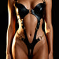 BLAIR – Faux Leather & Gold Chain Harness Bodysuit - Noir