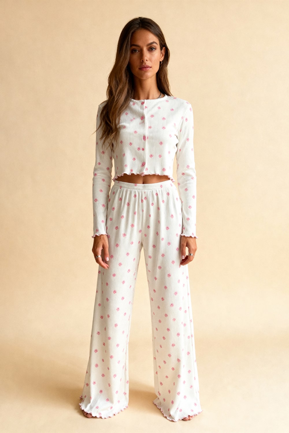 MAISIE – Çiçek Desenli Fitilli Örme Pijama Takımı - Pembe