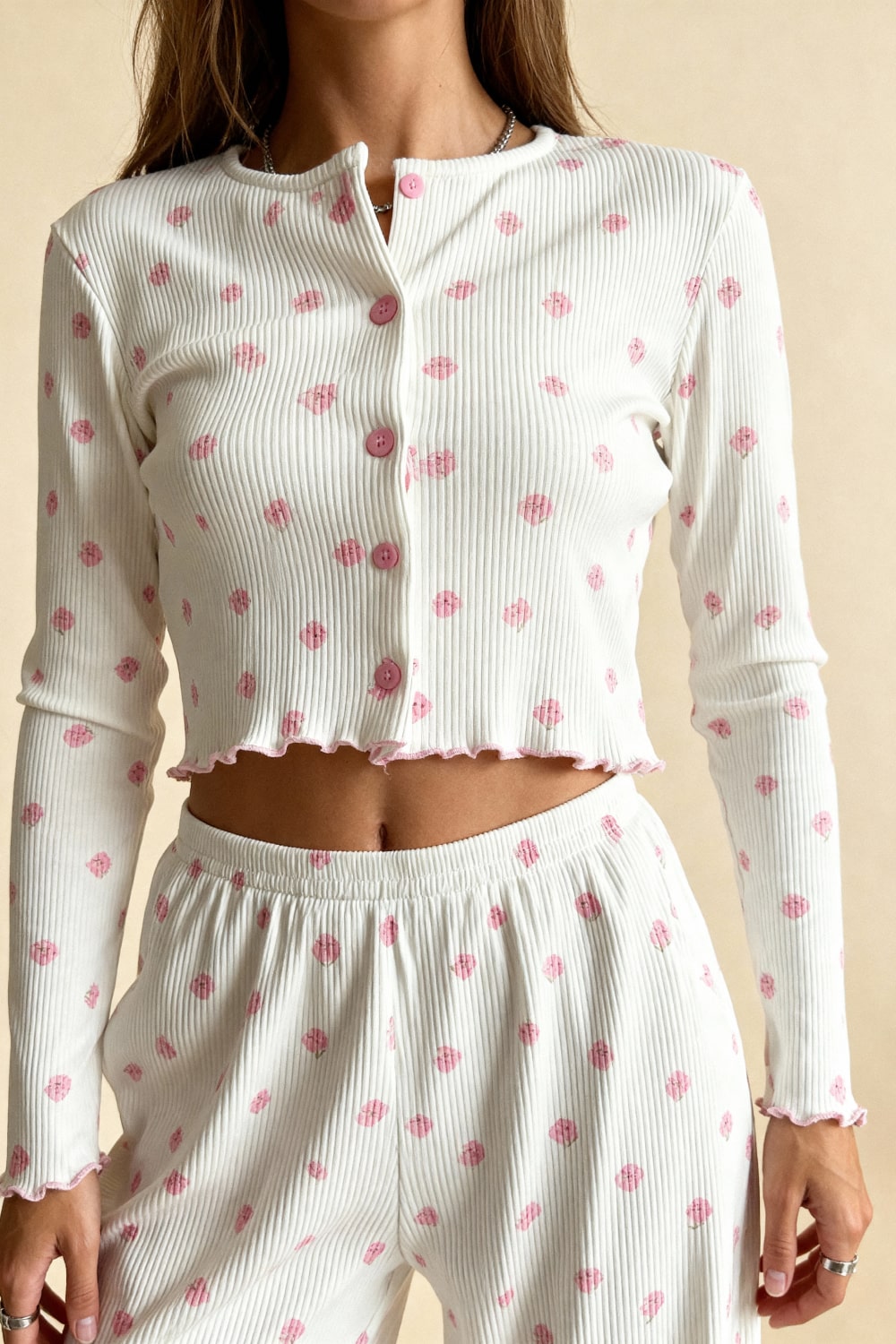 MAISIE – Floral Print Ribbed Knit Pajama Set - Pink