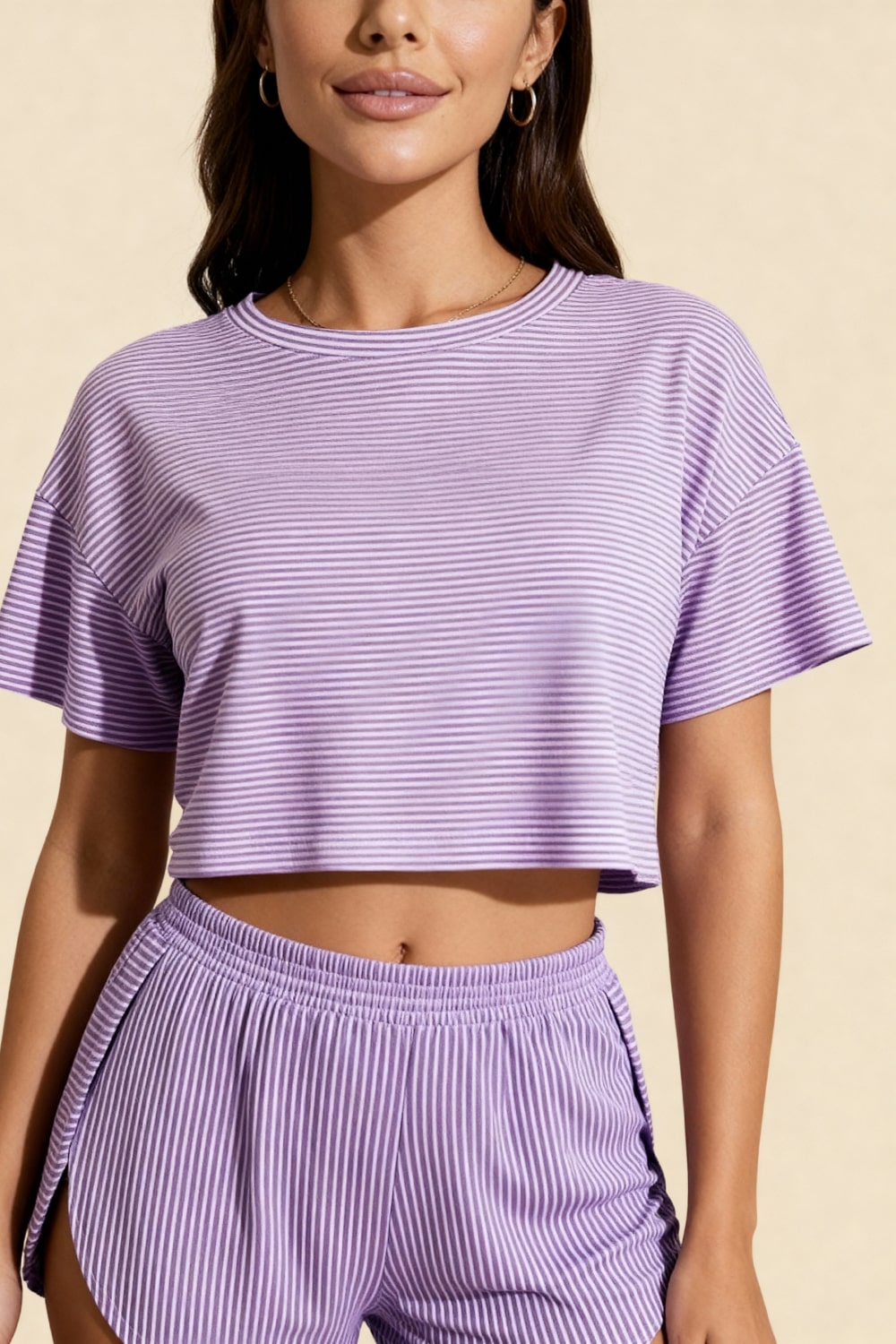 HALLIE – Striped Soft Jersey Crop & Split Short Set - Stripe