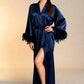 GRETA – Saten ve Tüy Detaylı Maxi Kimono - Gece Mavisi
