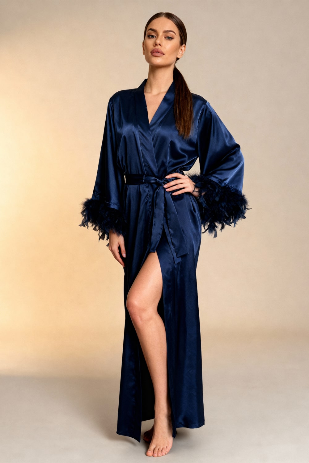 GRETA – Satin & Feather Trim Maxi Kimono - Midnight Blue