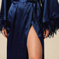 GRETA – Saten ve Tüy Detaylı Maxi Kimono - Gece Mavisi