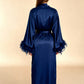 GRETA – Saten ve Tüy Detaylı Maxi Kimono - Gece Mavisi