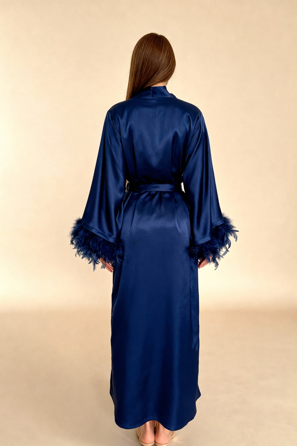 GRETA – Saten ve Tüy Detaylı Maxi Kimono - Gece Mavisi