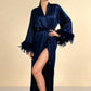 GRETA – Saten ve Tüy Detaylı Maxi Kimono - Gece Mavisi