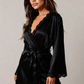 SERAPHINA – Dantel Detaylı Siyah Saten Kimono - Siyah