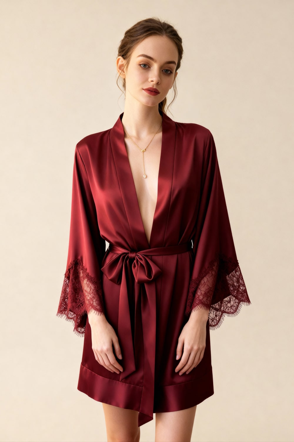 MILA – Silk Satin & Lace Sleeve Red Robe