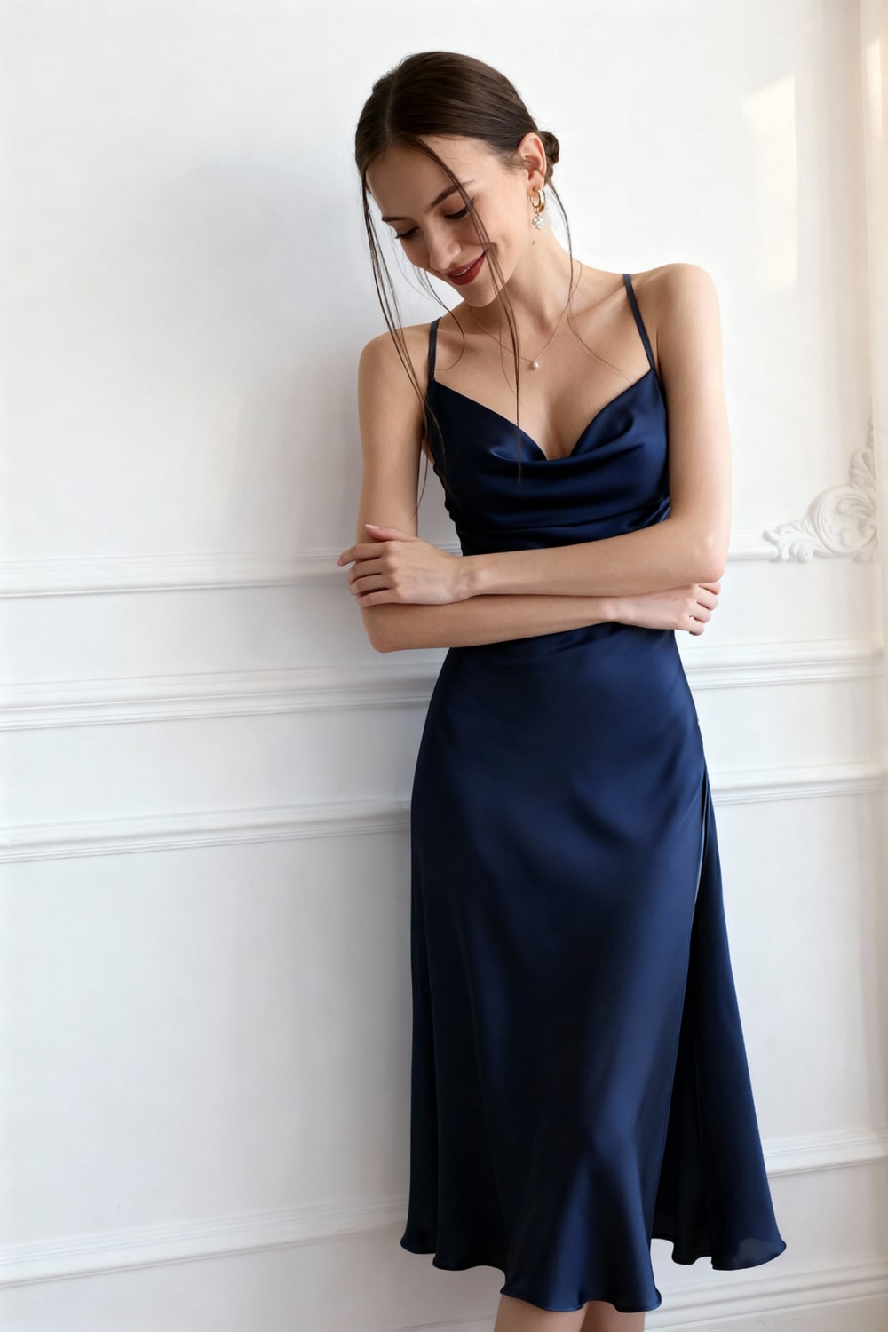 LANA – Balıkçı Yaka ve Yırtmaçlı Gece Mavisi Elbise