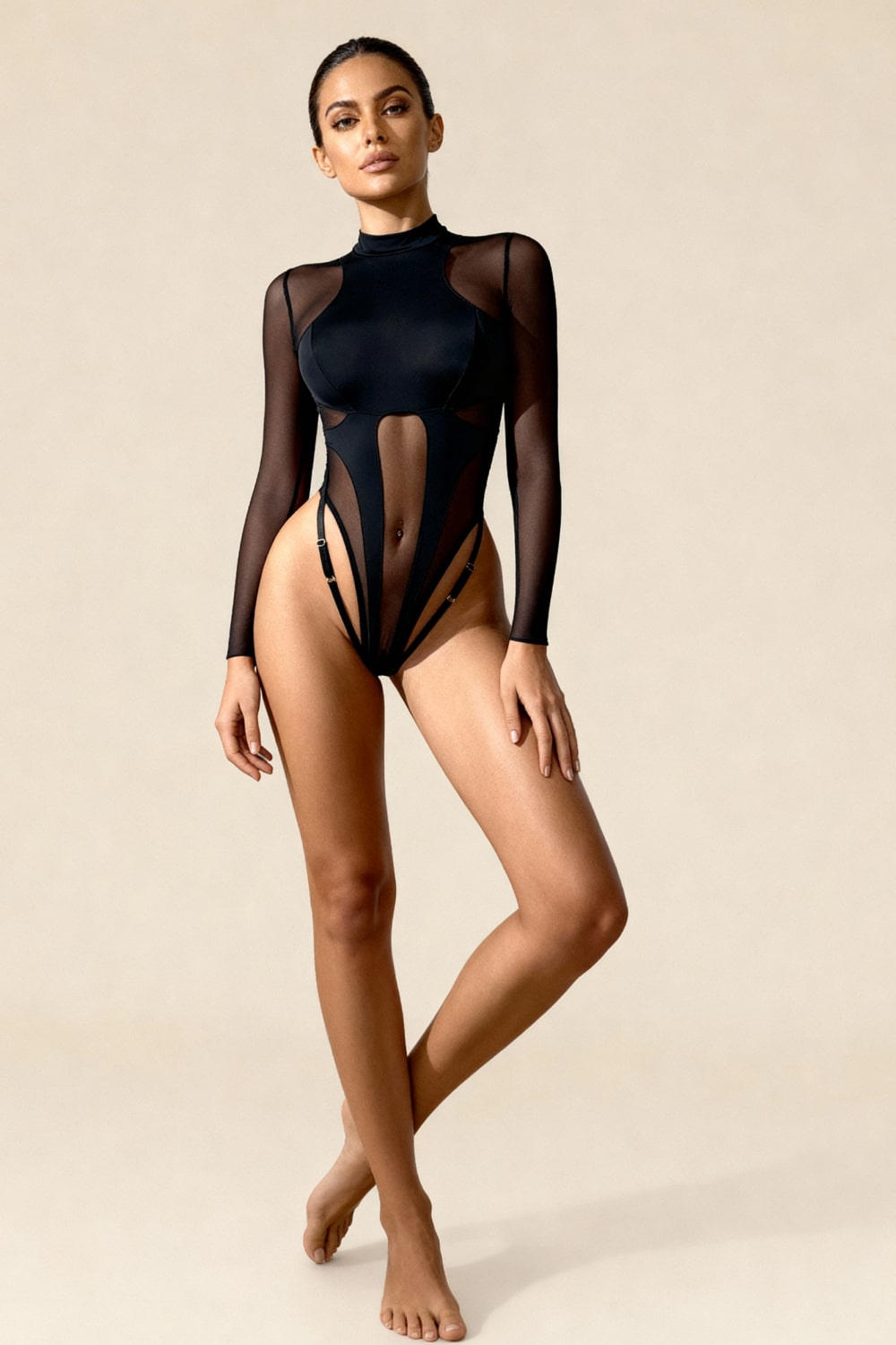 NOVA – High-Neck Mesh Long Sleeve Bodysuit - Noir