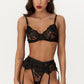 POPPY – Black Oversized Floral Embroidery & Ruffled Garter Set