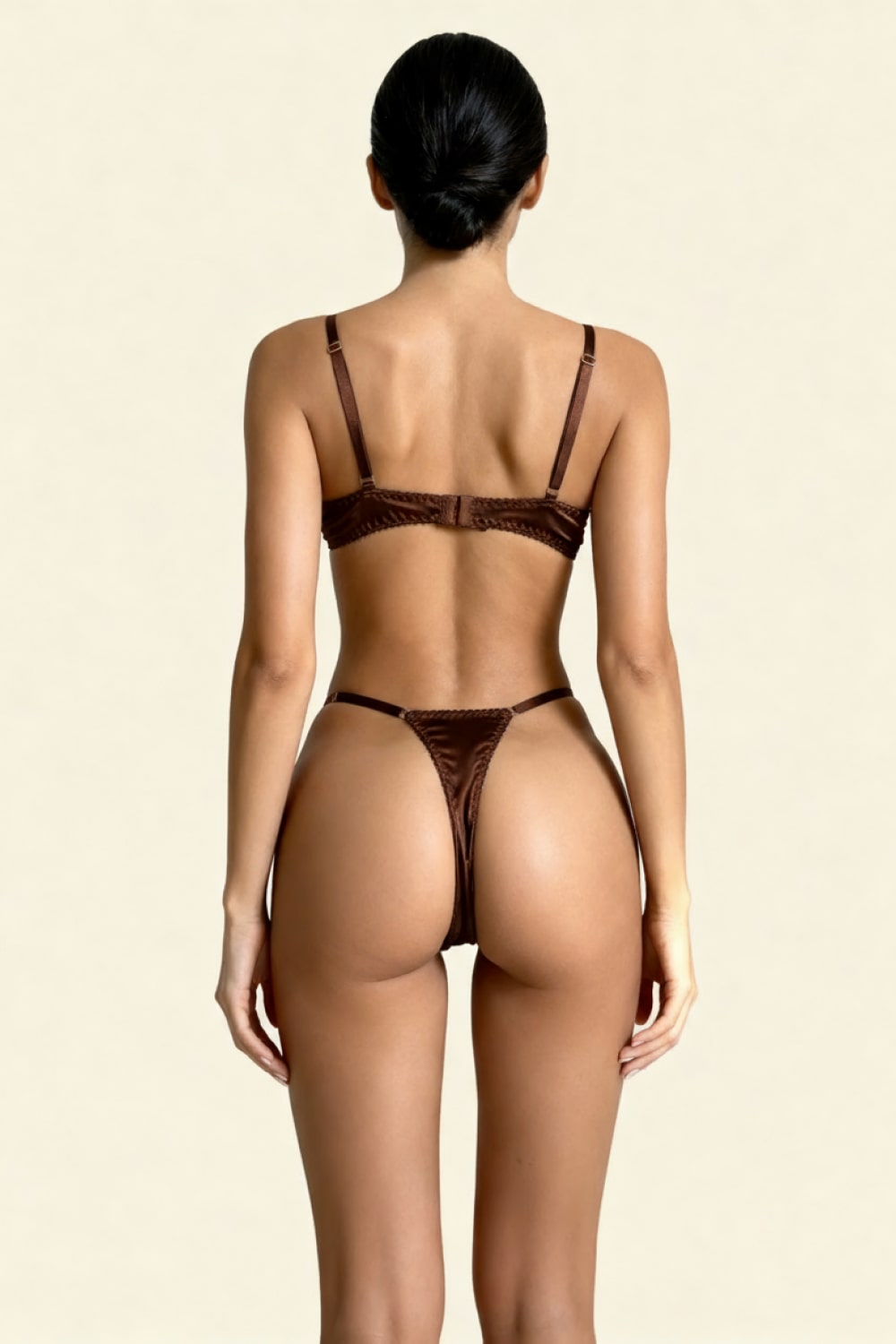 MARINA – Satin Balconette & Strappy String Set - Brown