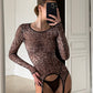 ROZA – Leopard Print Sheer Long-Sleeve Garter Set - Animal