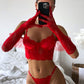 IDA – Crimson Lace & Sheer Tulle-Sleeve Set - Crimson