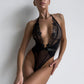 HALA – Derin V Boyundan Bağlamalı Şeffaf Mesh Bodysuit - Noir